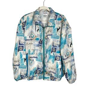 90s Vintage 100% Silk Bomber Jacket Womens L Blue White Geometric Lightweight